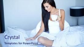  Presentation with pen laptop coffee cup clips - Amazing PPT layouts having hot girls - pretty smiling woman busy browsing backdrop and a sky blue colored foreground