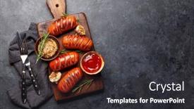  Presentation with sausages - Cool new slides with hot-grilled-sausages-on-wooden backdrop and a dark gray colored foreground
