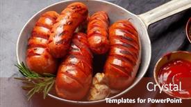  Presentation with sauces - Colorful presentation design enhanced with hot-grilled-sausages backdrop and a tawny brown colored foreground