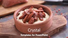  Presentation with tethered hot air balloons - Cool new presentation theme with hot-hummus-with-sucuk-closeup backdrop and a tawny brown colored foreground