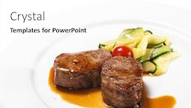  Presentation with veal - Slides featuring hot meat dishes - veal medallions with zucchini and cherry tomato background and a white colored foreground