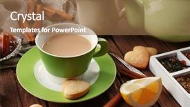  Presentation with brewed - PPT theme featuring hot mix plant - cup of brewed tea background and a  colored foreground