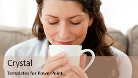  Presentation with living room - Amazing slide set having hot mug - cute businesswoman enjoying her coffee backdrop and a coral colored foreground