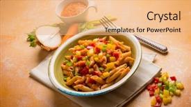  Presentation with pasta - PPT theme enhanced with hot pepper - pasta with mixed vegetables ragout background and a  colored foreground