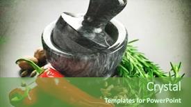  Presentation with mortar - Presentation with hot pepper - spices herbs and mortar vintage background and a tawny brown colored foreground