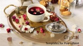  Presentation with hot metal - Slide set featuring hot rose tea on metal tray background and a coral colored foreground