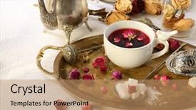  Presentation with hot metal - PPT theme with hot rose tea on metal tray background and a coral colored foreground