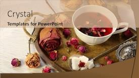  Presentation with hot metal - PPT layouts with hot rose tea on metal tray background and a coral colored foreground