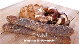  Presentation with sunflower - PPT theme enhanced with hot rural french round rye bread and baguette topped with sunflower seeds and sweet bagels on wooden tables background and a violet colored foreground