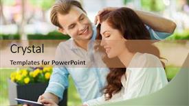  Presentation with movie theater loving couple - Colorful presentation theme enhanced with hot spots - loving couple using a tablet backdrop and a coral colored foreground