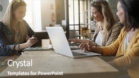  Presentation with men and women working in harmony - Presentation enhanced with hot spots - young women working on laptop background and a violet colored foreground