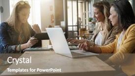  Presentation with women - PPT theme consisting of hot spots - young women working on laptop background and a coral colored foreground