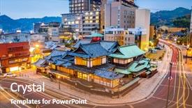  Presentation with onsen - PPT theme having hot springs - matsuyama japan downtown skyline background and a red colored foreground