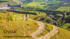  Presentation with hot springs - Theme featuring hot springs hamat gader near the israeli-jordanian border serpentine road winds through the green hills background and a gold colored foreground