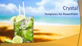 Presentation with sand - PPT layouts enhanced with hot summer - coctail of mojito on wooden background and a sky blue colored foreground