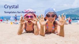  Presentation with beach toys on sand - Beautiful PPT theme featuring hot summer - little girls lying backdrop and a  colored foreground