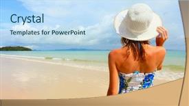  Presentation with young sing woman singing young - Cool new presentation design with hot sunny days - young woman in dress standing backdrop and a  colored foreground