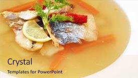  Presentation with healthy soup - PPT theme enhanced with hot tasty healthy soup with fish and vegetables served on a white round plate isolated on white background and a yellow colored foreground