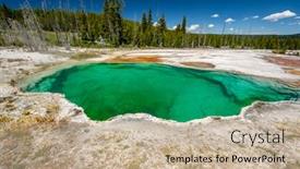  Presentation with hot spring - Slide deck with hot thermal spring abyss pool in yellowstone national park west thumb geyser basin area wyoming usa background and a mint green colored foreground