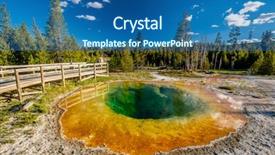  Presentation with hot spring - Presentation theme featuring tourists with backpack at hot thermal spring morning glory pool in yellowstone national park wyoming usa background and a ocean colored foreground