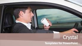  Presentation with driving - Audience pleasing slide deck consisting of hot wheel cars - serious businessman drinking coffee while backdrop and a coral colored foreground