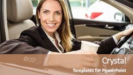  Presentation with car - Slide set enhanced with hot wheel cars - smiling businesswoman siting background and a  colored foreground