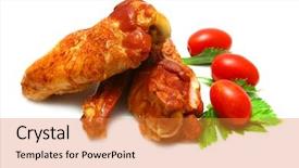  Presentation with chicken poultry farm white layer - Colorful slide deck enhanced with hot wings meats - chicken wing and vegetables backdrop and a  colored foreground