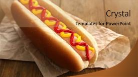  Presentation with wooden board empty table top - Slide set consisting of hotdog - tasty hot dog on wooden background and a coral colored foreground