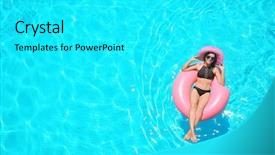 Presentation with swimming - Presentation design consisting of hotel - beautiful young woman with inflatable background and a cyan colored foreground