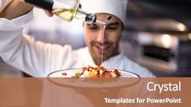  Presentation with hotel kitchen - Audience pleasing slides consisting of hotel - handsome chef pouring olive oil backdrop and a coral colored foreground