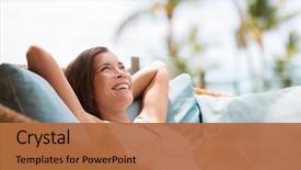  Presentation with outdoor furniture - PPT theme having hotel - home lifestyle woman relaxing enjoying background and a red colored foreground