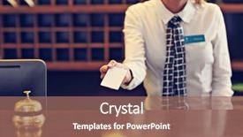  Presentation with hotel key - Presentation theme having hotel - picture of receptionist giving key background and a coral colored foreground