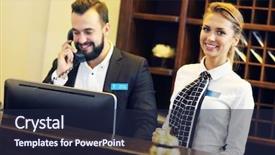  Presentation with work - Colorful PPT theme enhanced with hotel - picture of two receptionists backdrop and a wine colored foreground