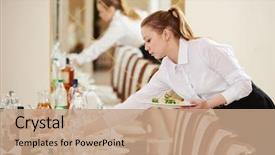  Presentation with waitress - Cool new slide set with hotel - restaurant catering services waitress serving backdrop and a coral colored foreground