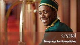  Presentation with luggage - Cool new theme with hotel - smiley young bellboy pushing cart backdrop and a tawny brown colored foreground