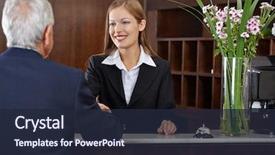  Presentation with receptionist - PPT theme consisting of hotel - smiling female receptionist greeting background and a wine colored foreground