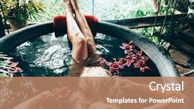  Presentation with tropical flowers - Amazing theme having hotel - woman relaxing in round outdoor backdrop and a coral colored foreground