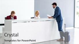  Presentation with receptionist - Theme enhanced with hotel - young handsome businessman flirting background and a white colored foreground