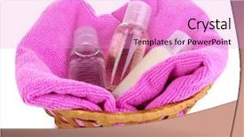  Presentation with hotel amenities - PPT theme featuring hotel amenities kit in basket background and a lavender colored foreground