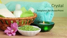  Presentation with hotel amenities - Colorful PPT theme enhanced with hotel amenities kit in basket backdrop and a mint green colored foreground