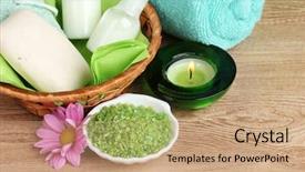  Presentation with hotel amenities - Theme having hotel amenities kit in basket background and a  colored foreground