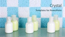  Presentation with hotel amenities - Slide set having hotel amenities kit on shelf in bathroom background and a sky blue colored foreground