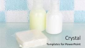  Presentation with hotel amenities - Slide deck featuring hotel amenities kit on shelf in bathroom background and a light gray colored foreground