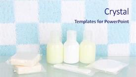  Presentation with hotel amenities - Slides having hotel amenities kit on shelf in bathroom background and a sky blue colored foreground