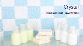  Presentation with hotel amenities - Audience pleasing presentation theme consisting of hotel amenities kit on shelf in bathroom backdrop and a sky blue colored foreground