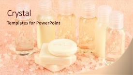  Presentation with hotel amenities - Slide set with hotel amenities kit on towel background and a  colored foreground