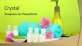  Presentation with hotel amenities - Beautiful PPT theme featuring hotel amenities kit on wooden backdrop and a yellow colored foreground