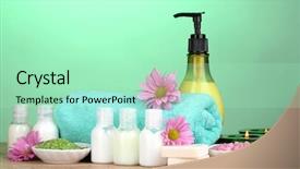  Presentation with hotel amenities - Slide deck enhanced with hotel amenities kit on wooden background and a mint green colored foreground