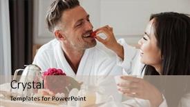  Presentation with bed hotel - Slides having hotel apartment wearing white bathrobe background and a soft green colored foreground