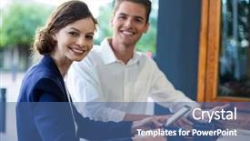  Presentation with mobile phone in woman hand - Beautiful slides featuring hotel associate - businessman and woman using mobile backdrop and a ocean colored foreground